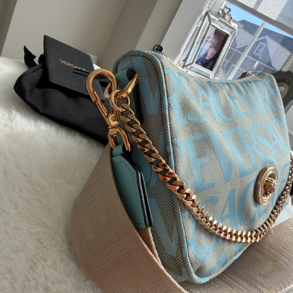 Versace Sky Blue Logo Crossbody Bag with Gold Chain - Picture 4 of 13
